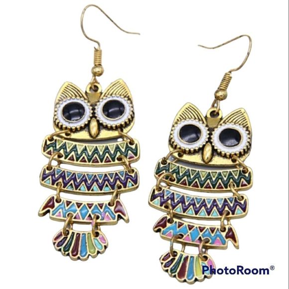 Owl Earrings Multi-color Contrast On Gold Tone - Picture 1 of 9
